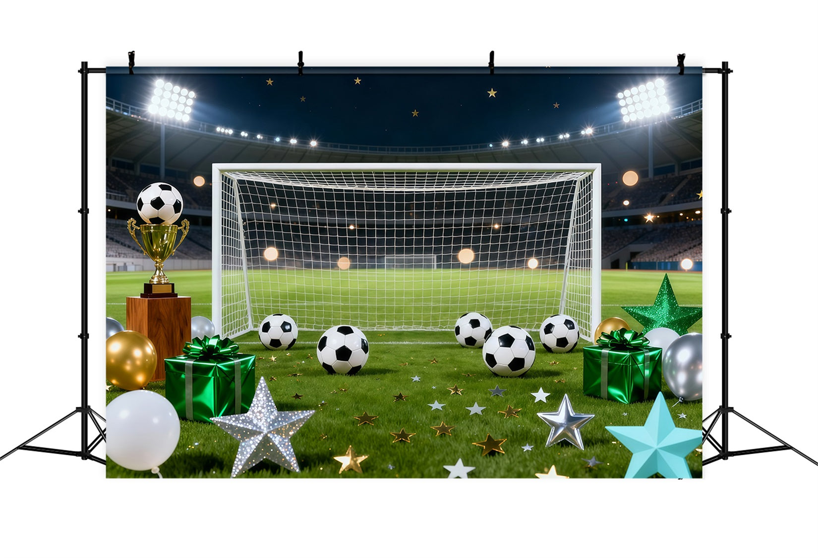 Football Stadium Backdrop Starlit Goal Trophy Celebration Sports Theme Backdrop LXX61-228