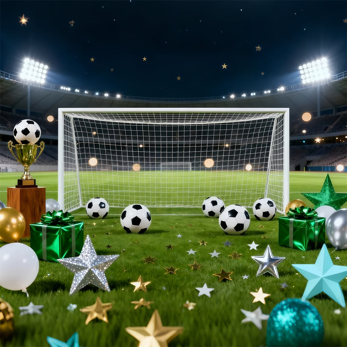 Football Stadium Backdrop Starlit Goal Trophy Celebration Sports Theme Backdrop LXX61-228