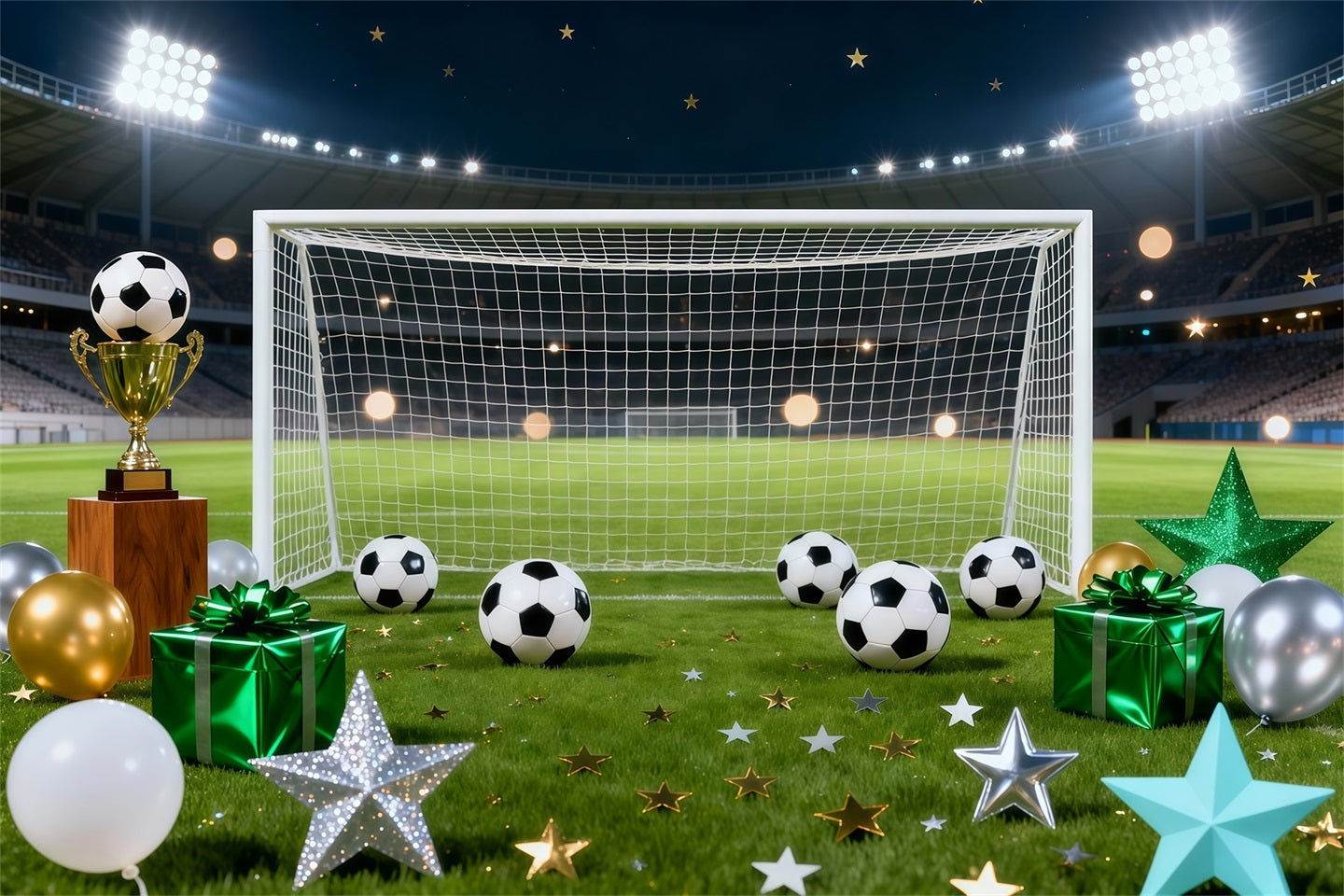 Football Stadium Backdrop Starlit Goal Trophy Celebration Sports Theme Backdrop LXX61-228