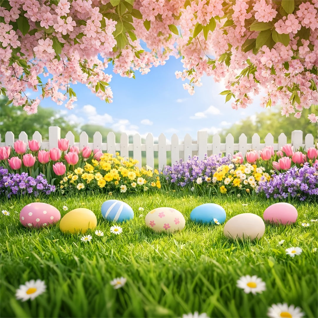 Easter Egg Backdrop Cherry Blossom Garden Lawn Photography Backdrops Easter LXX61-35