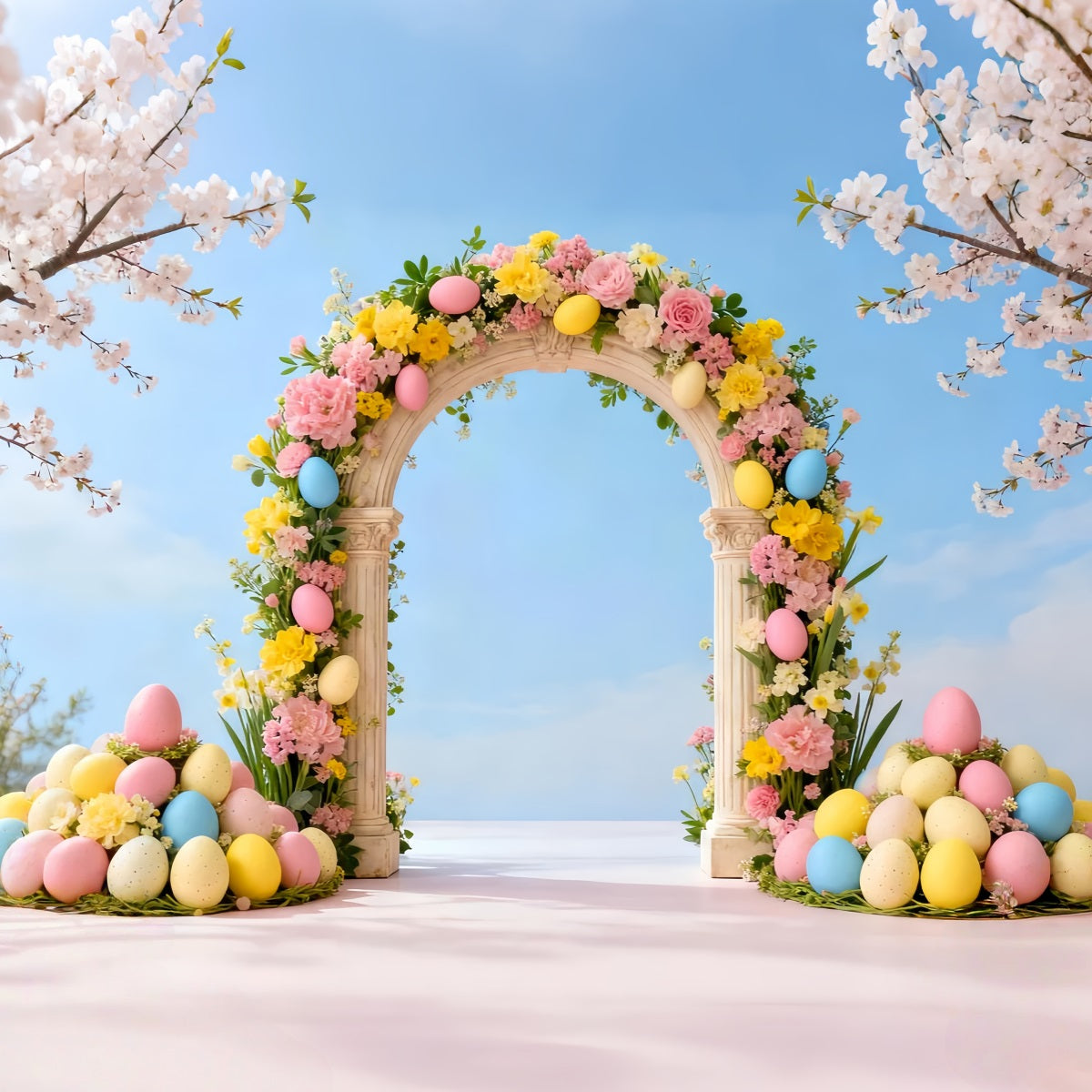 Easter Egg Backdrop Spring Cherry Floral Archway Photography Backdrops Easter LXX61-36