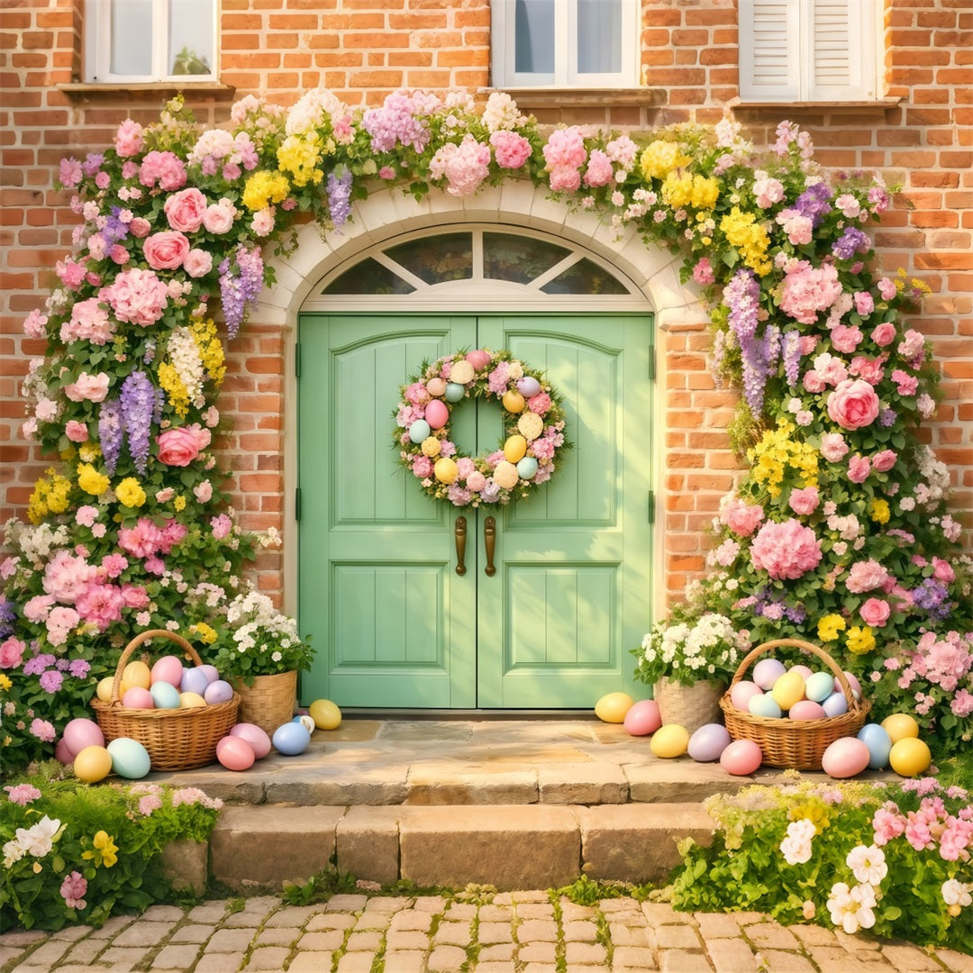 Easter Egg Backdrop Pastel Flower Door Egg Wreath 10x10 Easter Backdrops LXX61-37