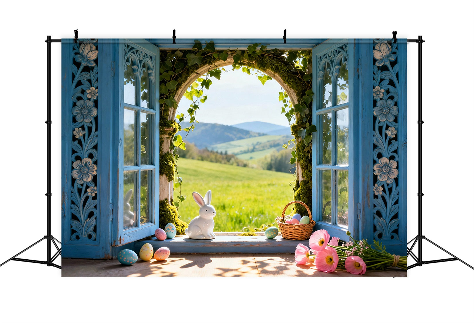 Bunny Photo Backdrop Sunlit Meadow Window Eggs Photo Booth Easter Backdrop Ideas LXX61-39