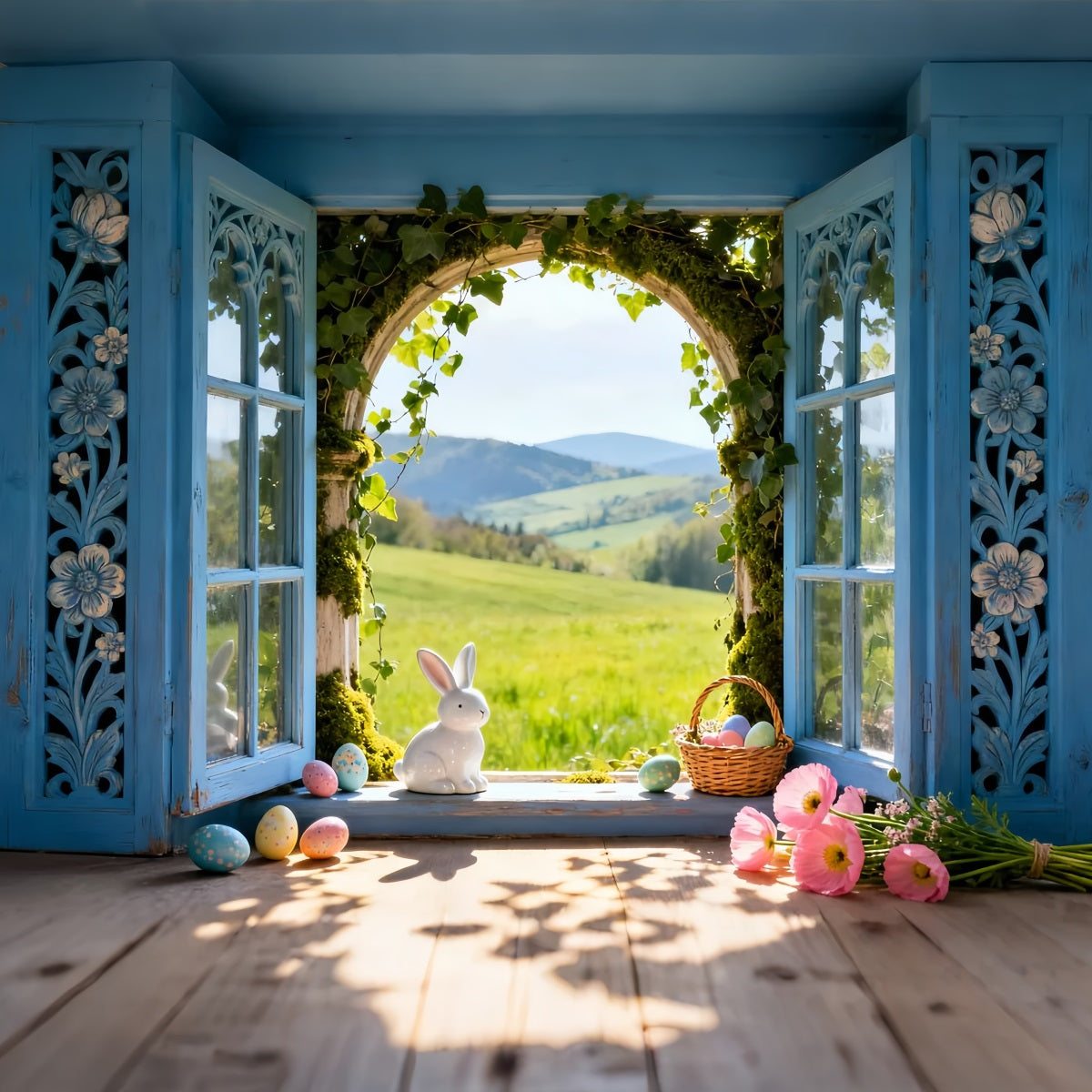 Bunny Photo Backdrop Sunlit Meadow Window Eggs Photo Booth Easter Backdrop Ideas LXX61-39