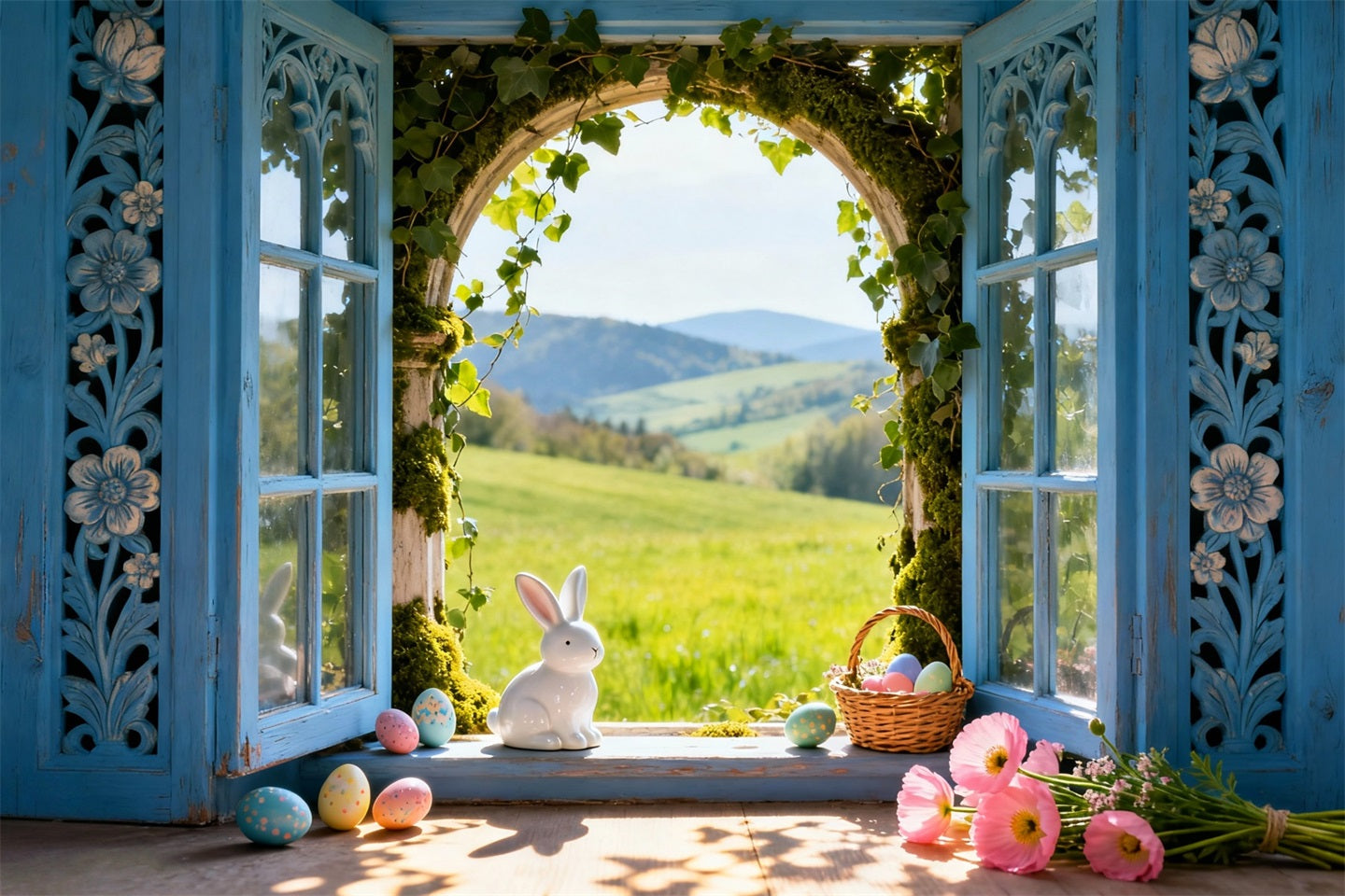 Bunny Photo Backdrop Sunlit Meadow Window Eggs Photo Booth Easter Backdrop Ideas LXX61-39