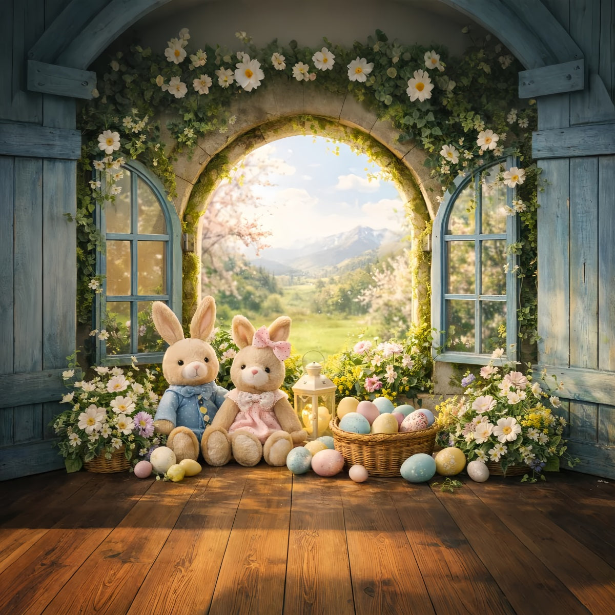 Bunny Photo Backdrop Spring Arch Window Wildflower Photo Booth Easter Backdrop Ideas LXX61-40