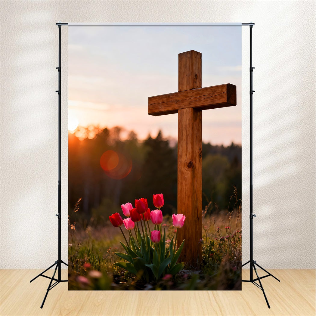 Christian Easter Backdrops Wooden Cross Tulip Meadow Outdoor Easter Photo Backdrops LXX61-43