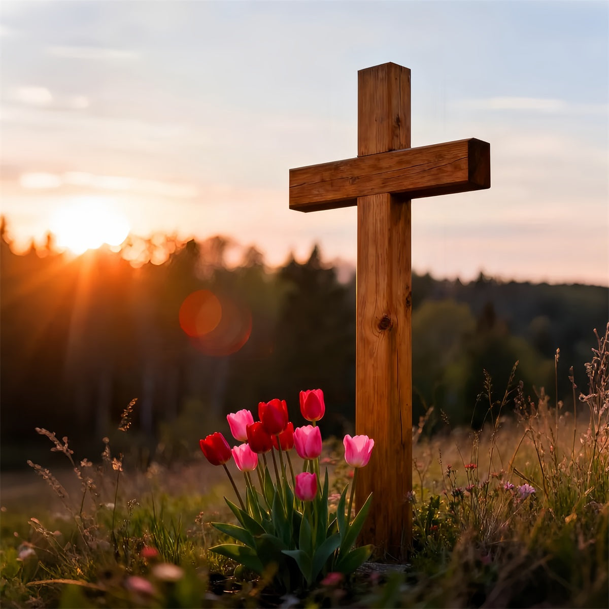 Christian Easter Backdrops Wooden Cross Tulip Meadow Outdoor Easter Photo Backdrops LXX61-43