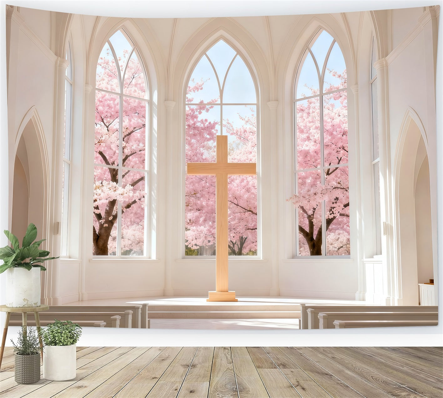 Church Easter Backdrop Cherry Blossom Chapel Cross Easy Easter Backdrops LXX61-46