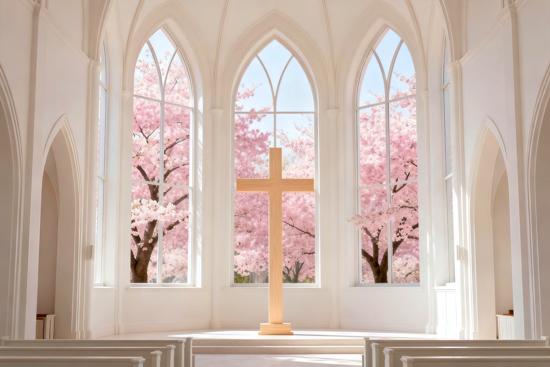 Church Easter Backdrop Cherry Blossom Chapel Cross Easy Easter Backdrops LXX61-46