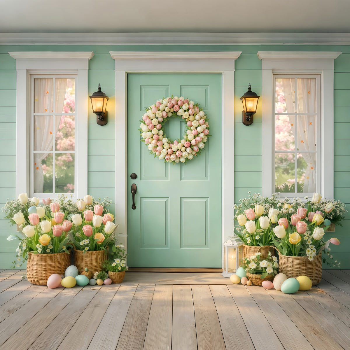 Easter Sunday Backdrops Mint Door Tulip Wreath Porch Photography Easter Photo Backdrop LXX61-56