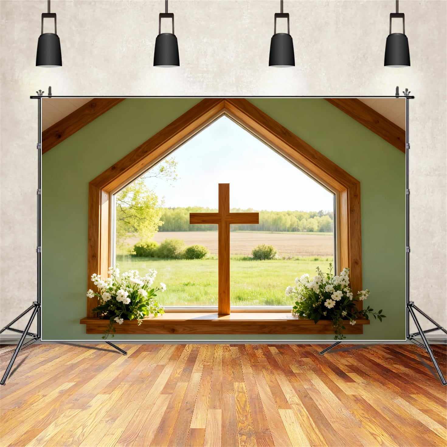 Easter Church Backdrops Sunlit Meadow Window Cross Large Easter Backdrop LXX61-57