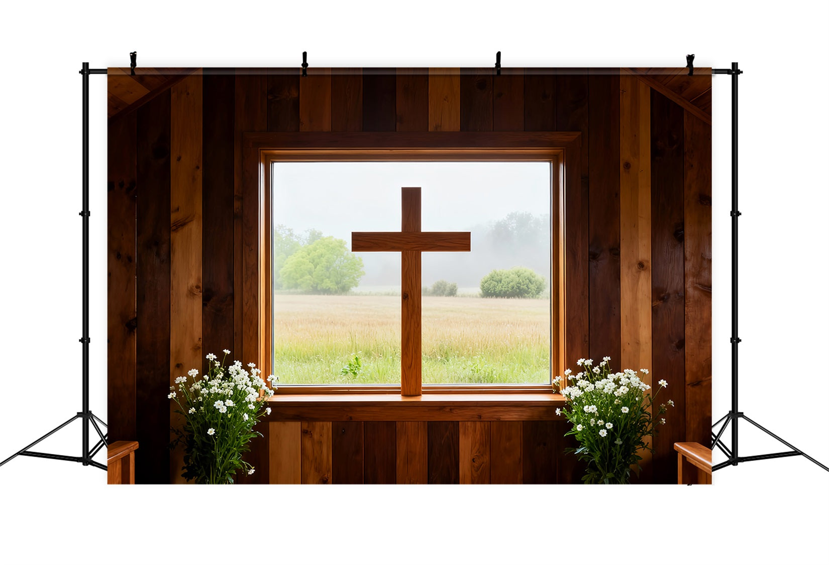 Easter Church Backdrops Rustic Wood Chapel Window Cross Large Easter Backdrop LXX61-58