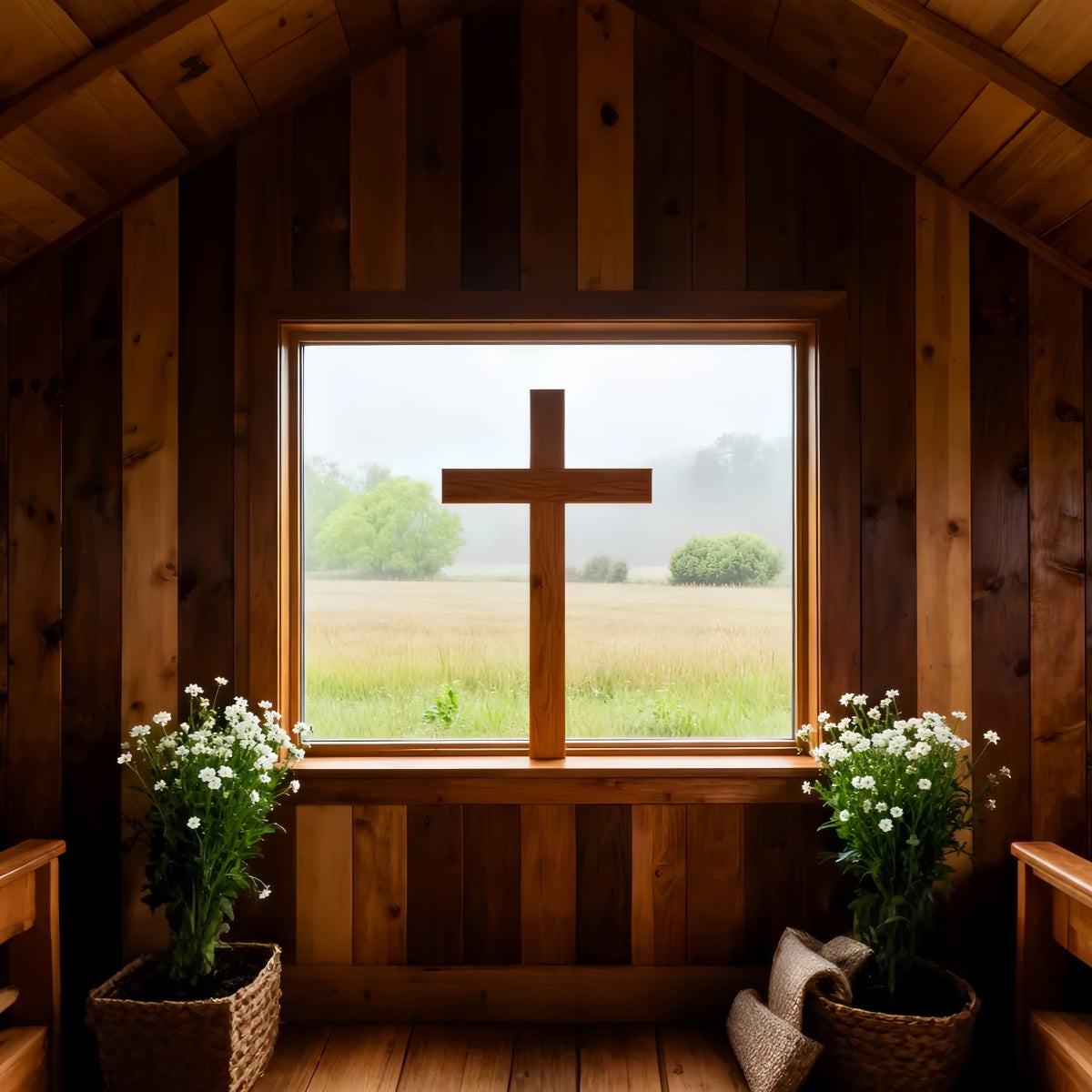 Easter Church Backdrops Rustic Wood Chapel Window Cross Large Easter Backdrop LXX61-58