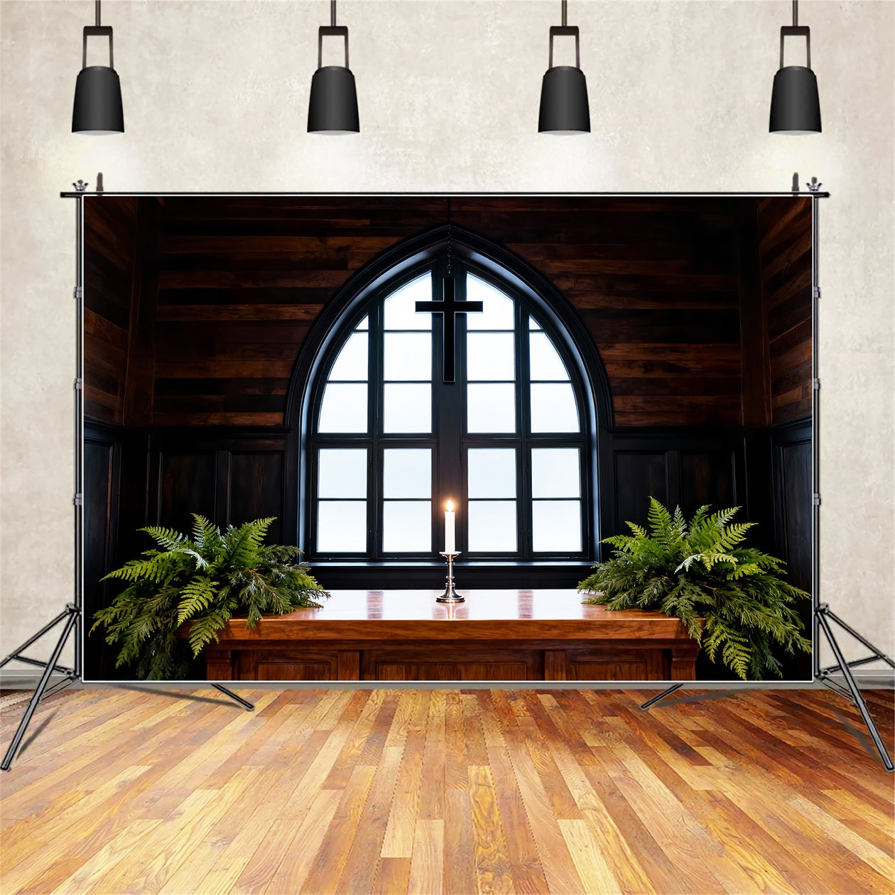 Easter Photo Backdrop Church Rustic Chapel Cross Candlelight Easter Backdrop Backdrops LXX61-59