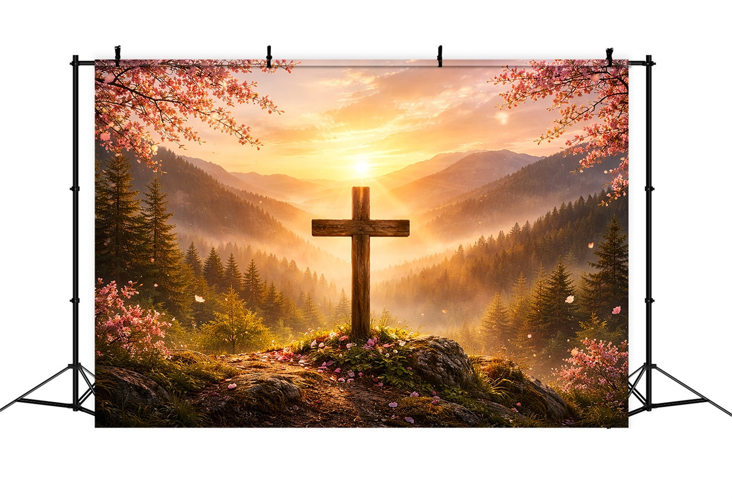 Christian Easter Photo Backdrop Mountain Sunrise Cross Glory Simple Easter Backdrop Ideas LXX61-60
