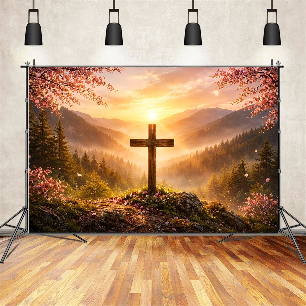 Christian Easter Photo Backdrop Mountain Sunrise Cross Glory Simple Easter Backdrop Ideas LXX61-60