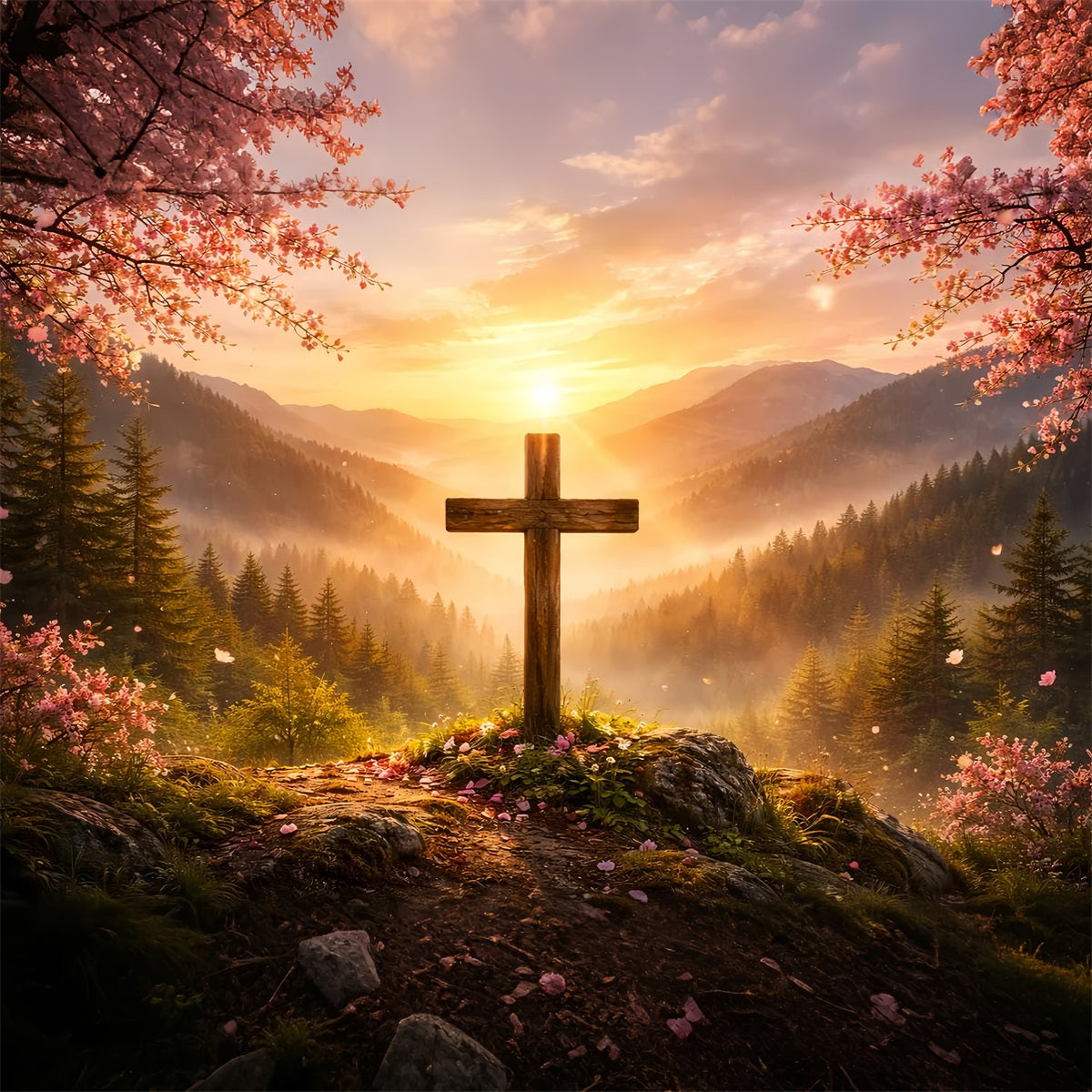 Christian Easter Photo Backdrop Mountain Sunrise Cross Glory Simple Easter Backdrop Ideas LXX61-60