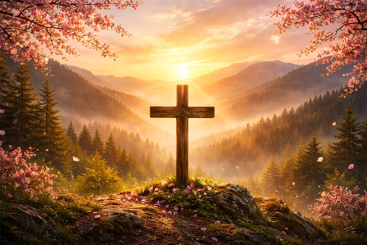 Christian Easter Photo Backdrop Mountain Sunrise Cross Glory Simple Easter Backdrop Ideas LXX61-60