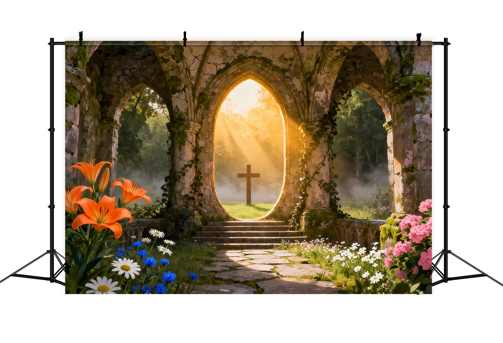Church Easter Backdrop Ideas Sunlit Ruins Cross Garden Photography Easter Photo Backdrop LXX61-63