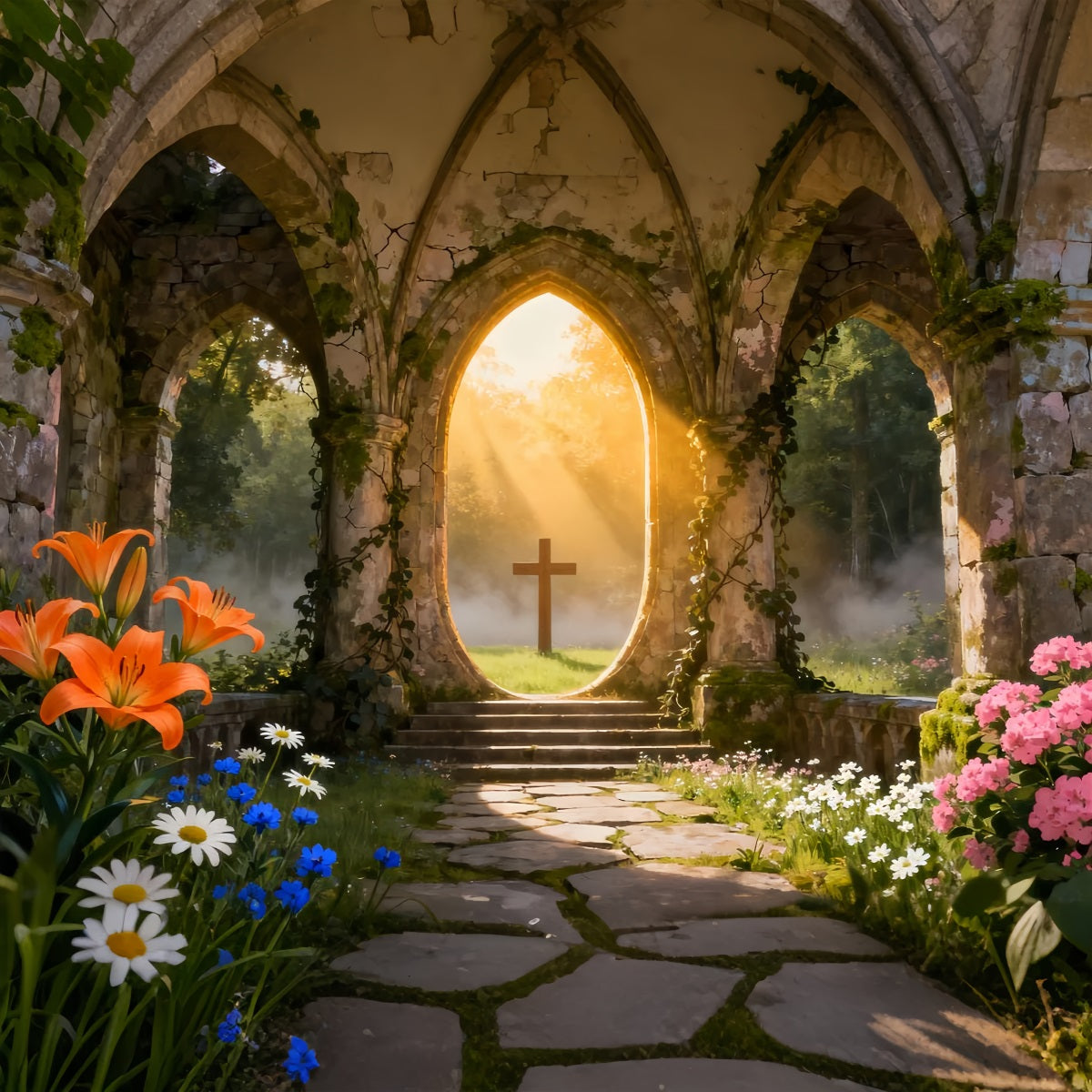 Church Easter Backdrop Ideas Sunlit Ruins Cross Garden Photography Easter Photo Backdrop LXX61-63