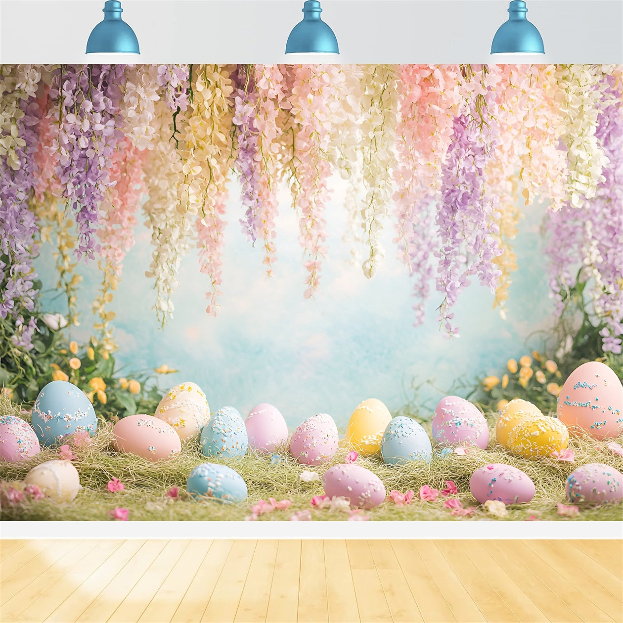 Easter Eggs Backdrop Hanging Wisteria Wildflower Meadow Easter Play Backdrops LXX61-66