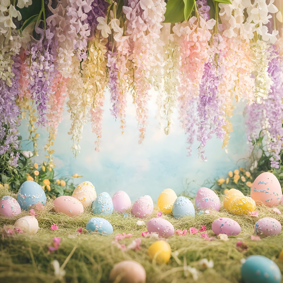 Easter Eggs Backdrop Hanging Wisteria Wildflower Meadow Easter Play Backdrops LXX61-66