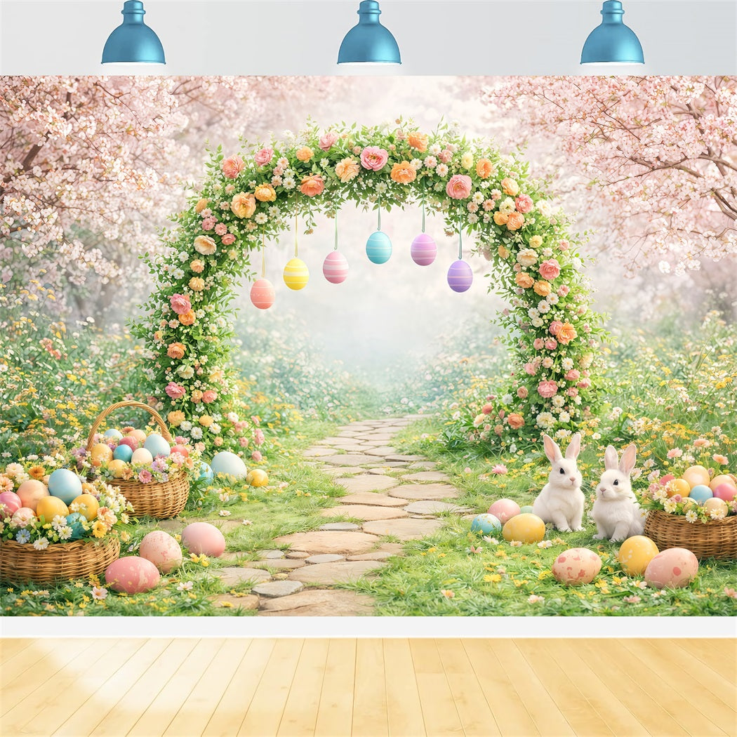 Easter Stage Backdrops Blooming Garden Arch Bunny Eggs Easter Backdrop Photoshoot LXX61-67
