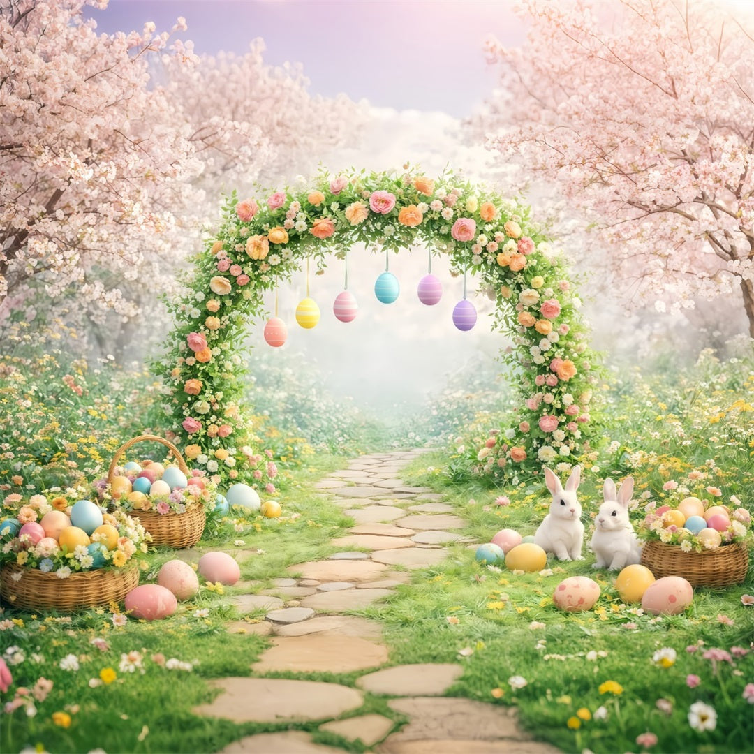 Easter Stage Backdrops Blooming Garden Arch Bunny Eggs Easter Backdrop Photoshoot LXX61-67