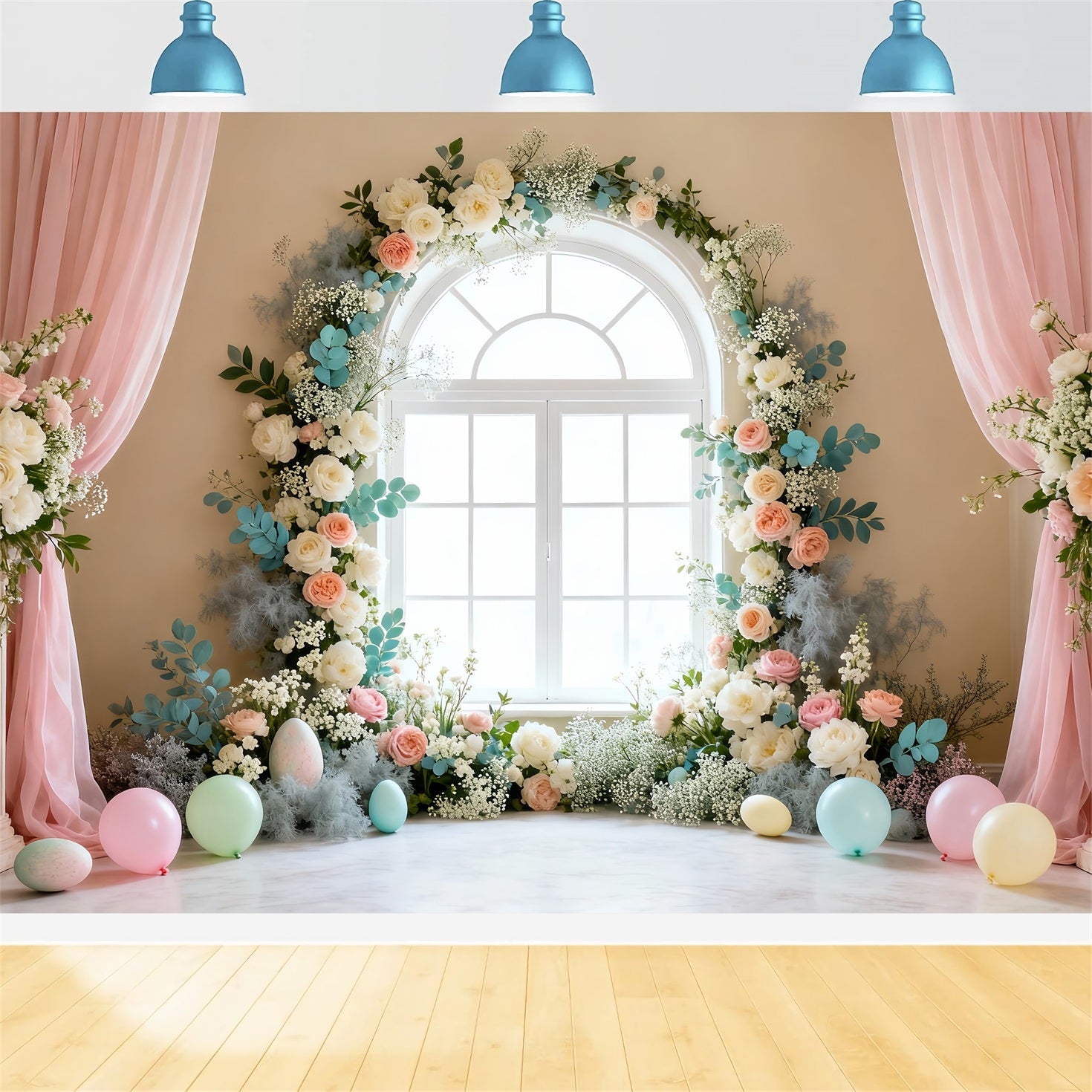 Easter Spring Backdrop Elegant Floral Window Wreath Easter Backdrop Lighting Studio LXX61-68