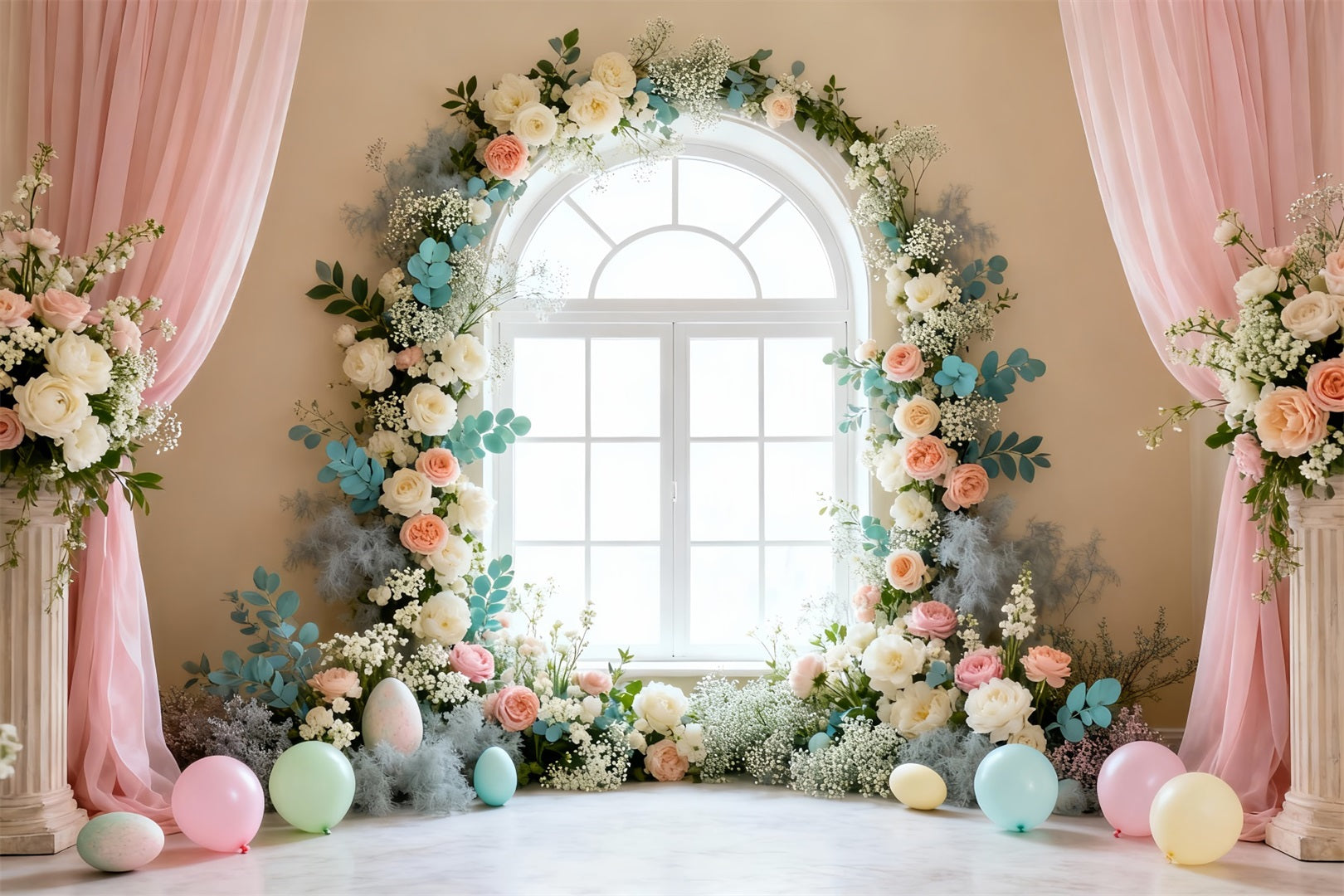 Easter Spring Backdrop Elegant Floral Window Wreath Easter Backdrop Lighting Studio LXX61-68