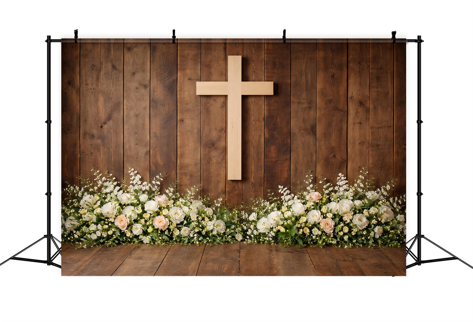 Religious Easter Backdrops Rustic Wooden Cross Floral Base Backdrops For Easter Plays LXX61-69