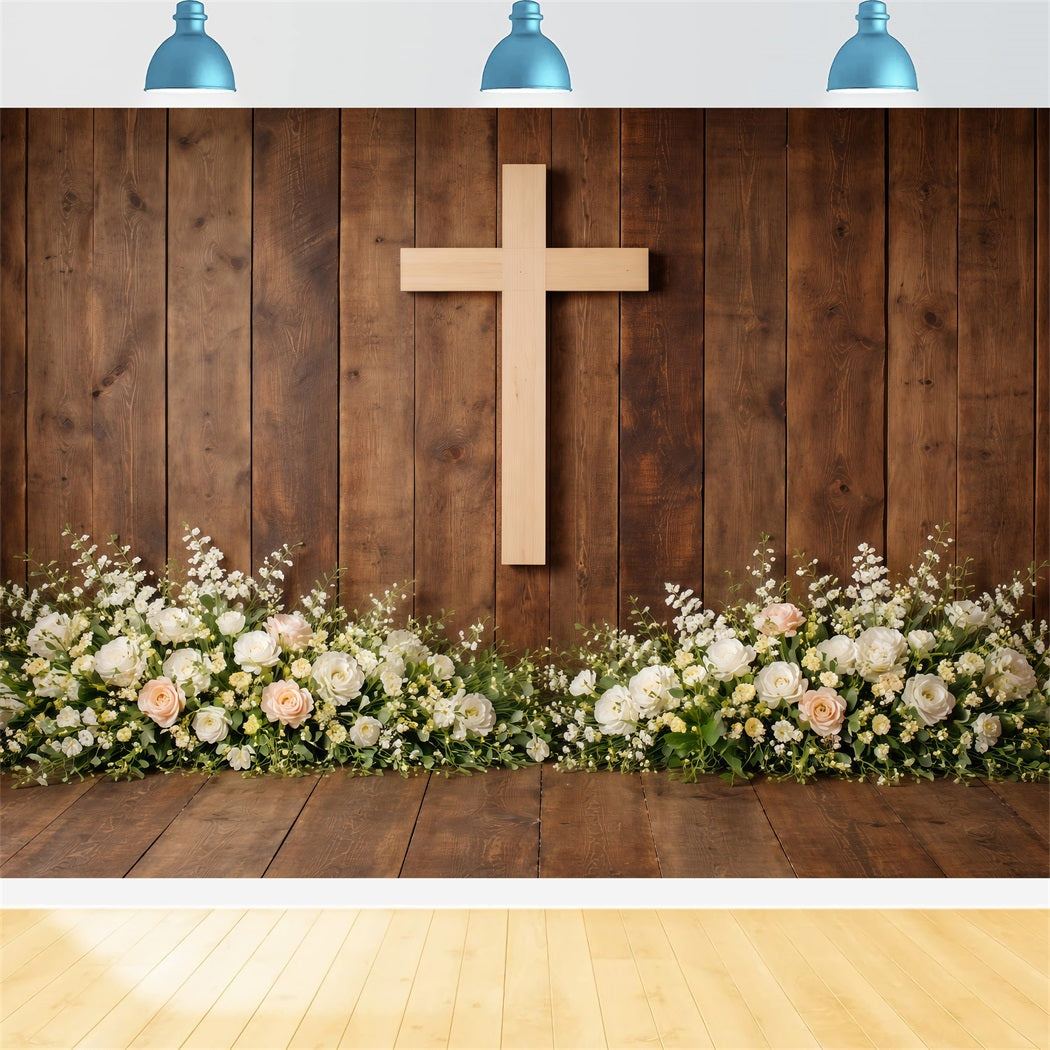 Religious Easter Backdrops Rustic Wooden Cross Floral Base Backdrops For Easter Plays LXX61-69