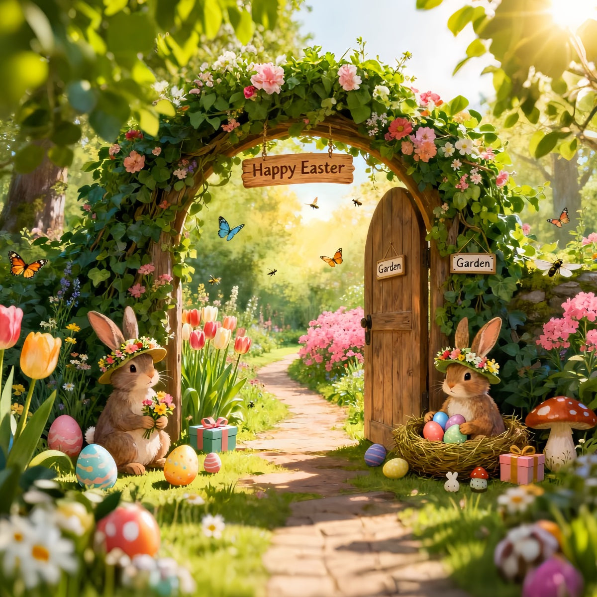 Easter Bunny Backdrops Enchanted Garden Flower Arch Photo Shoot Easter Backdrop LXX61-74