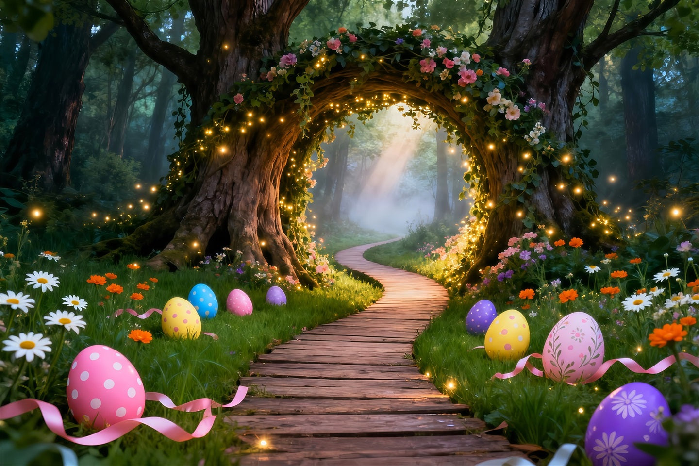 Easter Egg Backdrop Enchanted Forest Lighted Arch Path Outdoor Easter Backdrop Ideas LXX61-75