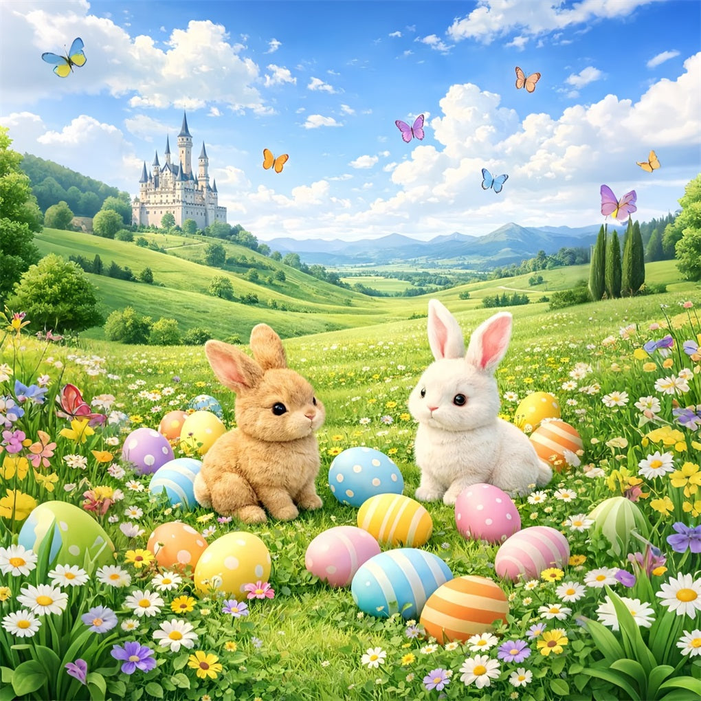 Easter Egg Backdrop Fairytale Meadow Castle Bunny 10x10 Easter Backdrop LXX61-76