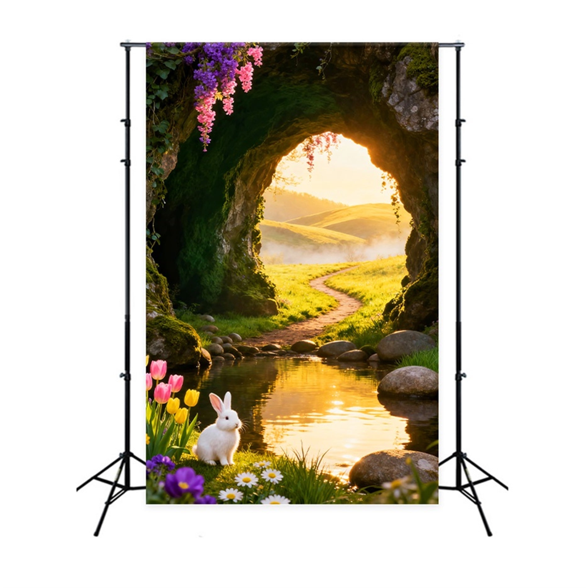 Cute Easter Backdrop Golden Sunrise Cave Meadow Stream Cheap Easter Backdrops LXX61-77