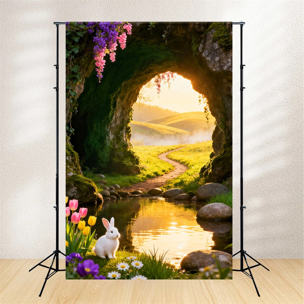 Cute Easter Backdrop Golden Sunrise Cave Meadow Stream Cheap Easter Backdrops LXX61-77
