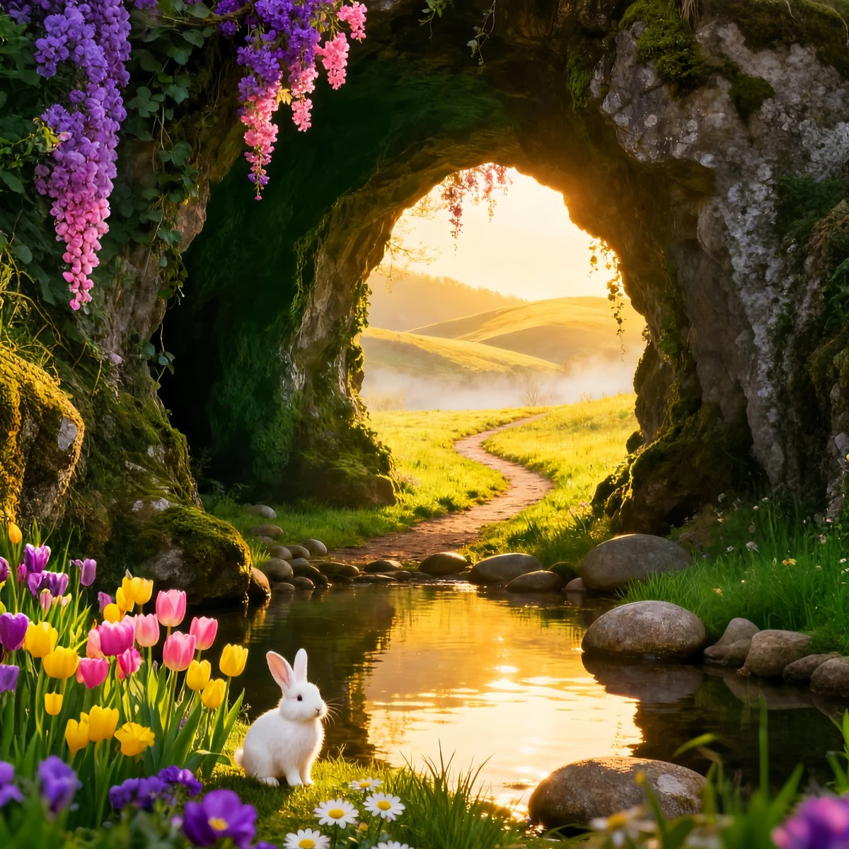 Cute Easter Backdrop Golden Sunrise Cave Meadow Stream Cheap Easter Backdrops LXX61-77