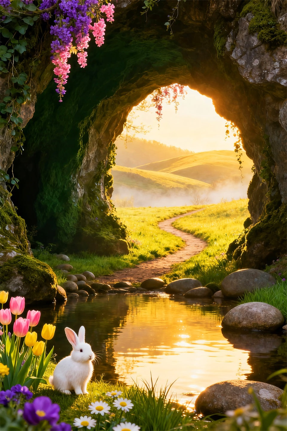 Cute Easter Backdrop Golden Sunrise Cave Meadow Stream Cheap Easter Backdrops LXX61-77
