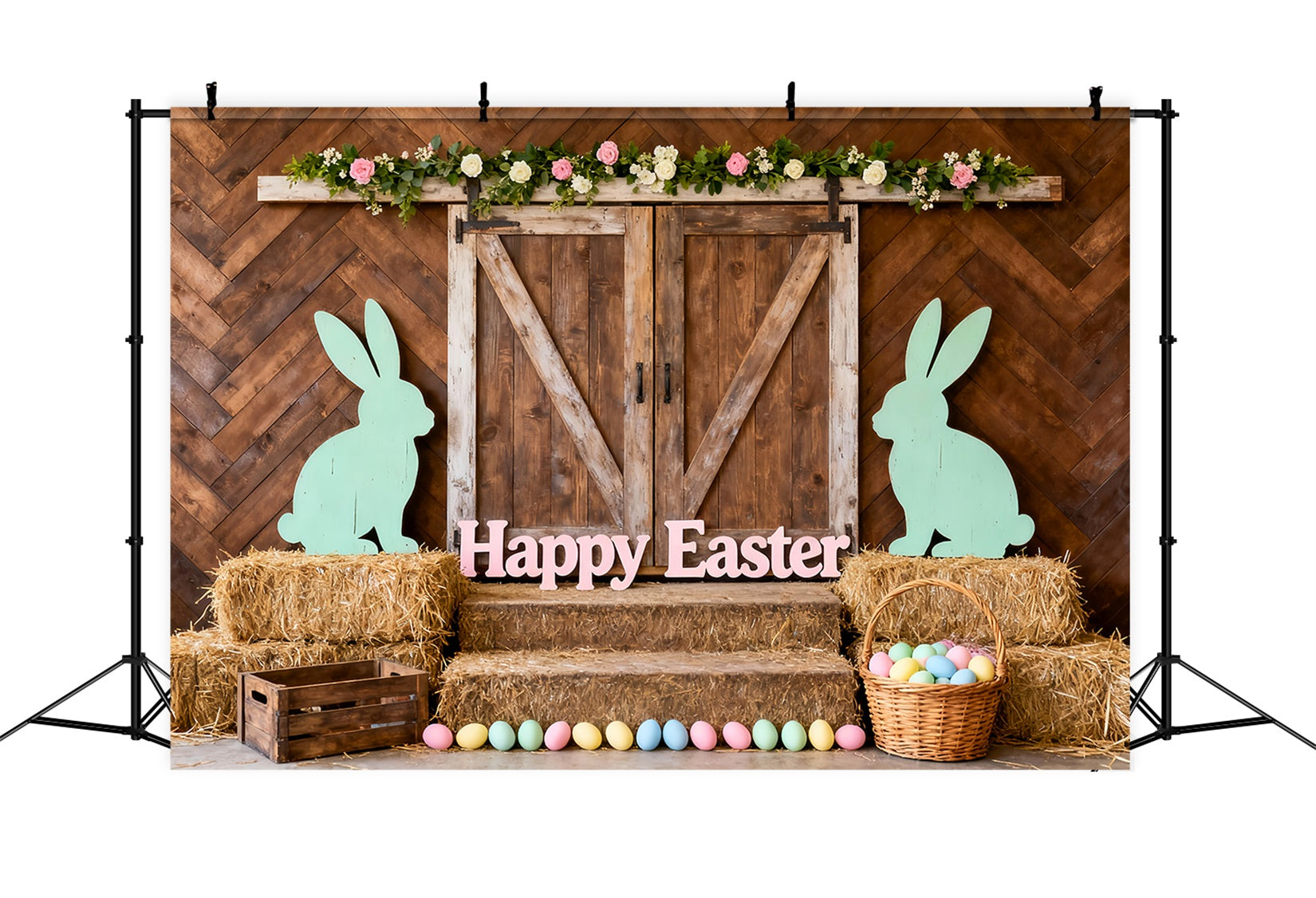 Rustic Easter Backdrop Barn Door Bunny Silhouette Easter Pictures Backdrop LXX61-78
