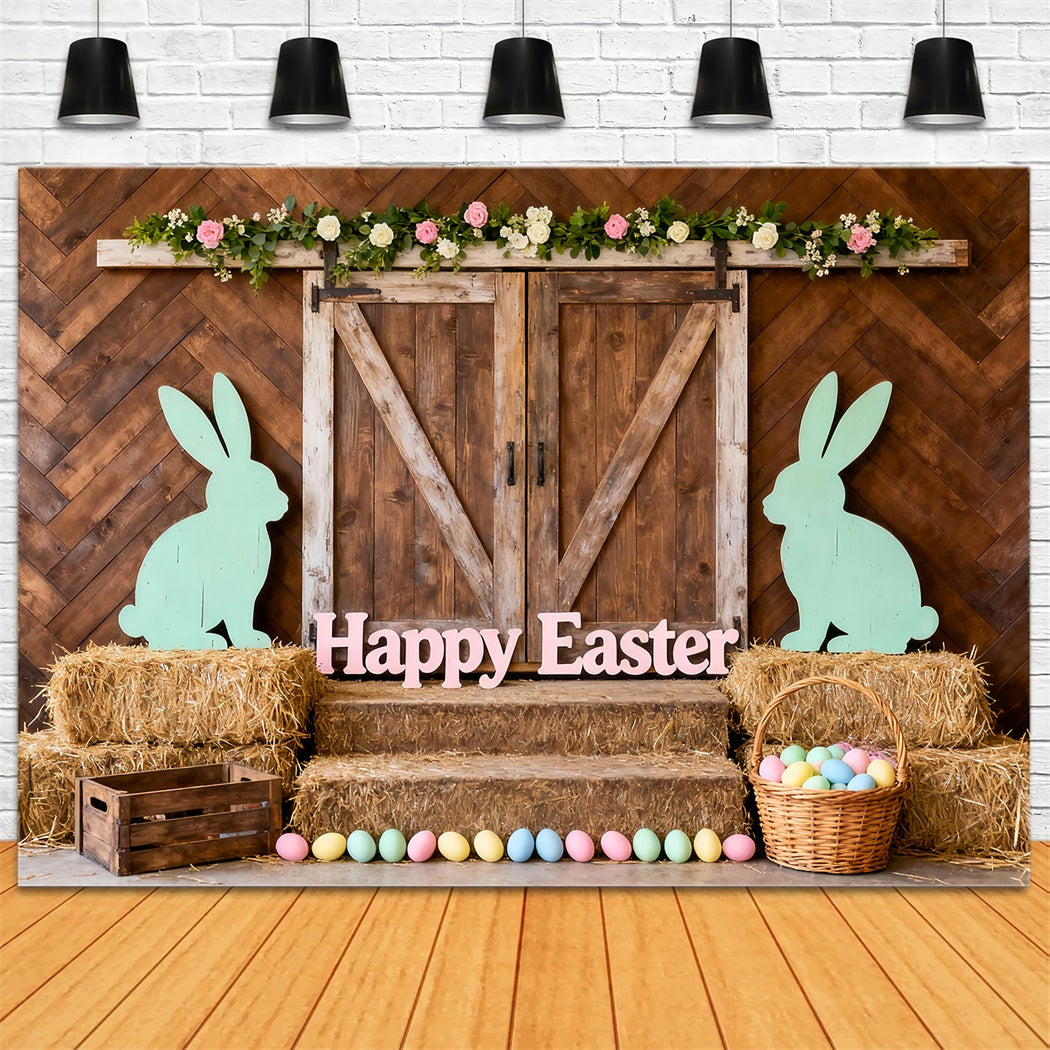 Rustic Easter Backdrop Barn Door Bunny Silhouette Easter Pictures Backdrop LXX61-78