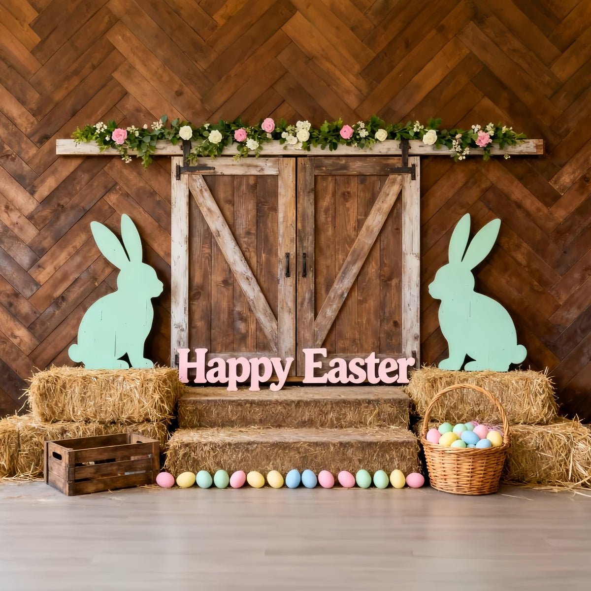 Rustic Easter Backdrop Barn Door Bunny Silhouette Easter Pictures Backdrop LXX61-78