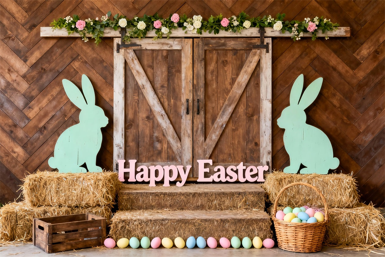 Rustic Easter Backdrop Barn Door Bunny Silhouette Easter Pictures Backdrop LXX61-78