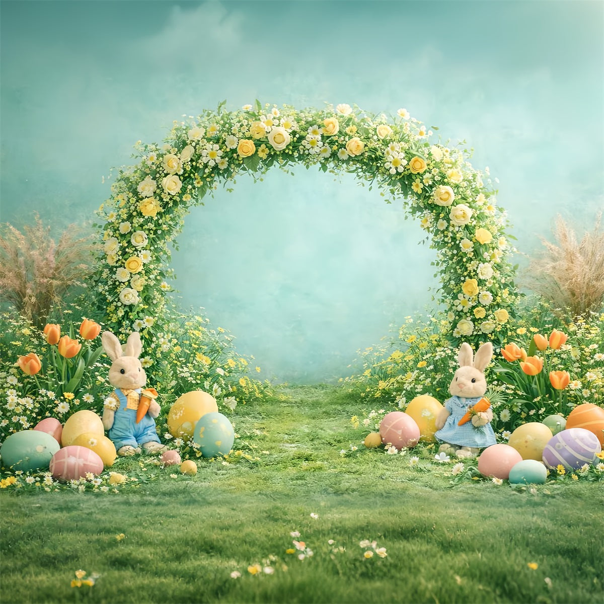 Egg Backdrop Spring Floral Arch Bunny Tulip Photography Easter Backdrops LXX61-79