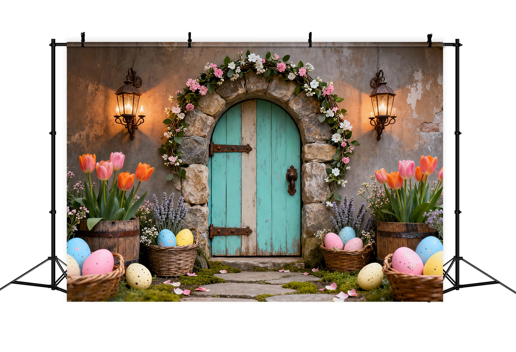 Easter Egg Photo Backdrop Turquoise Door Tulip Basket Easter Backdrops Photo LXX61-80