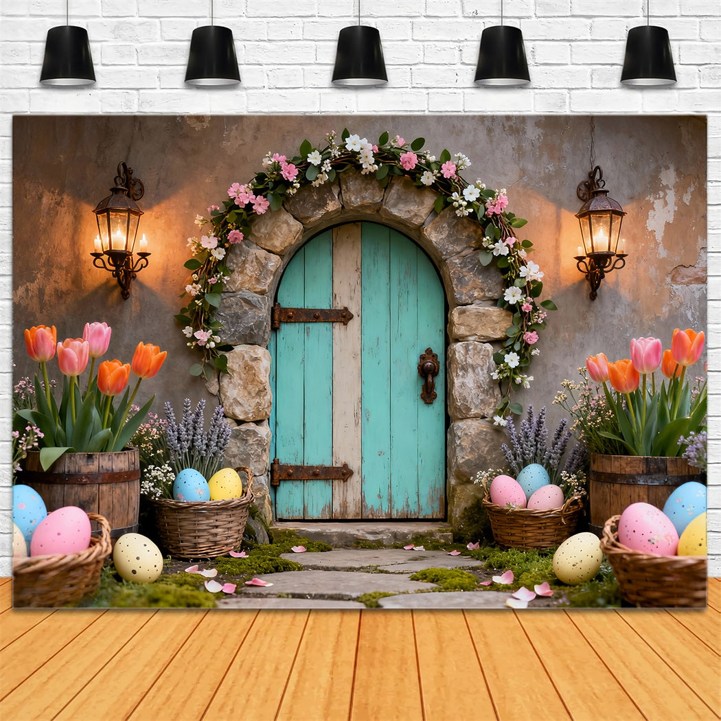Easter Egg Photo Backdrop Turquoise Door Tulip Basket Easter Backdrops Photo LXX61-80