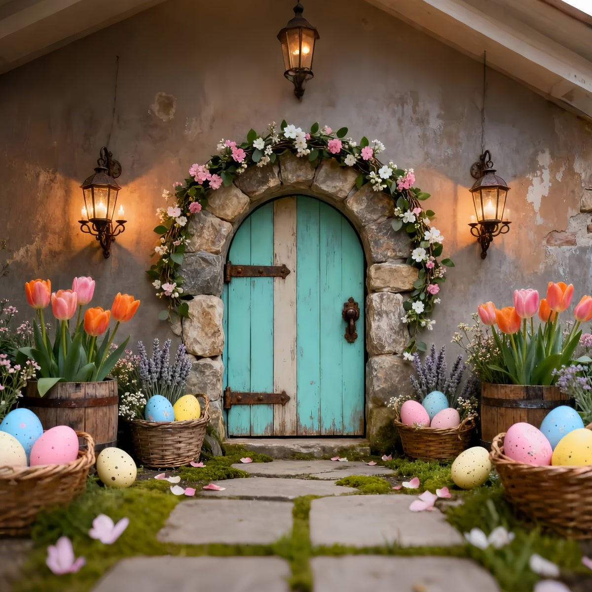 Easter Egg Photo Backdrop Turquoise Door Tulip Basket Easter Backdrops Photo LXX61-80