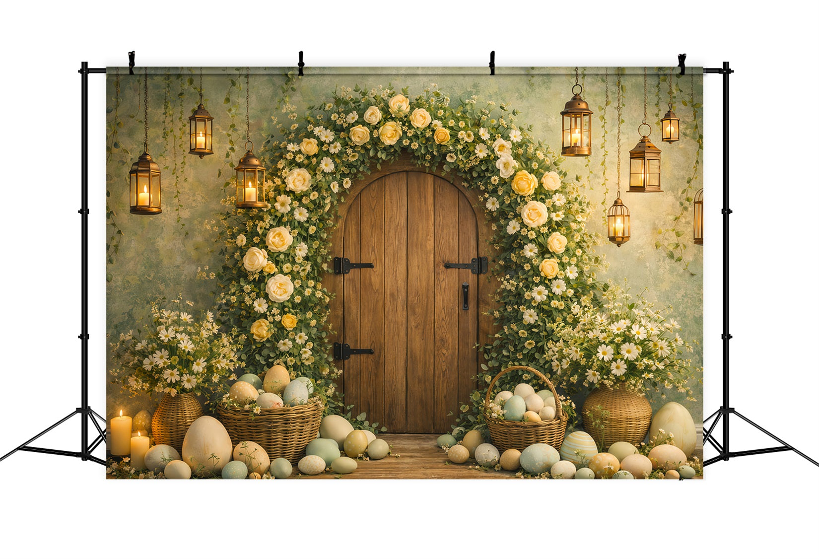 Easter Egg Photo Backdrop Floral Arch Rustic Door My First Easter Backdrop LXX61-81