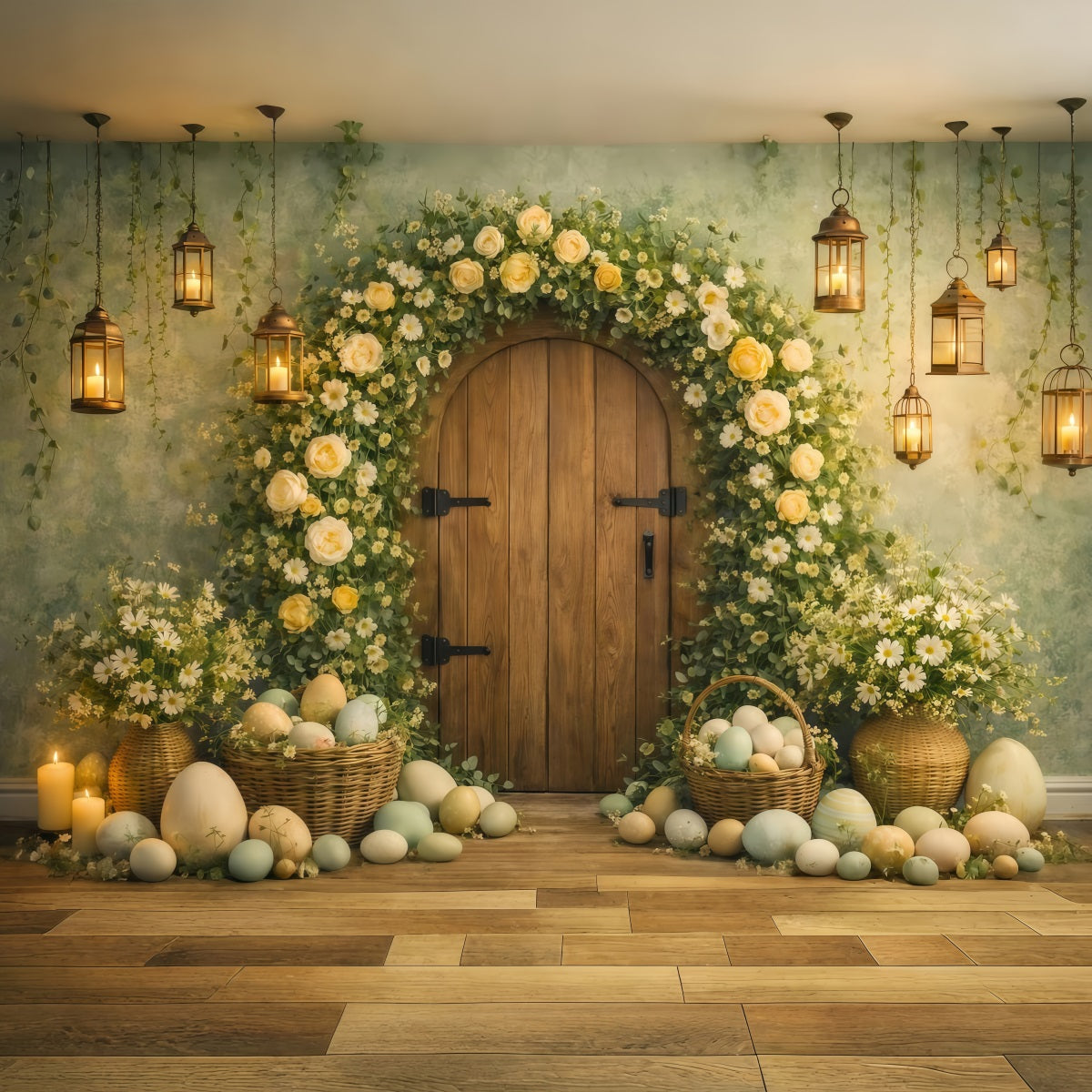 Easter Egg Photo Backdrop Floral Arch Rustic Door My First Easter Backdrop LXX61-81